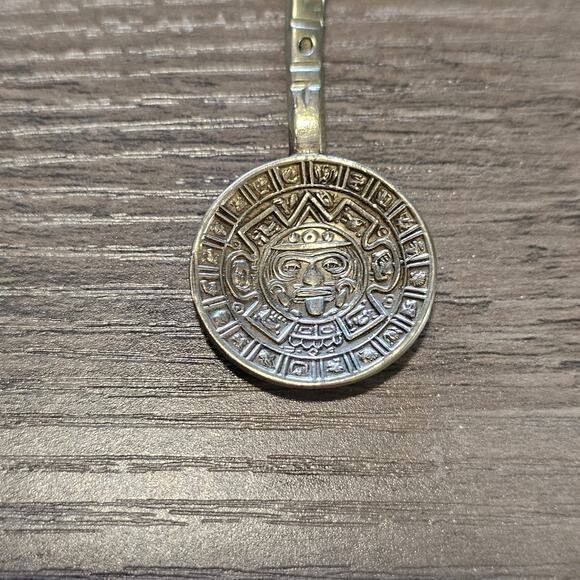 Vintage Alpaca Silver Mayan Calendar Spoon with Carved Jade Tone Handle - Picture 4 of 8